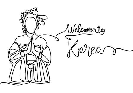 Welcome to Korea, Continuous one line drawing. Korean woman standing wearing hanbok . Vector design illustrationのイラスト素材