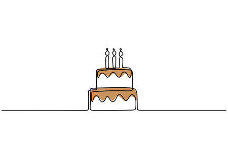 Continuous line drawing of Birthday cake with candle. A cake with cream and candles is drawn with a...