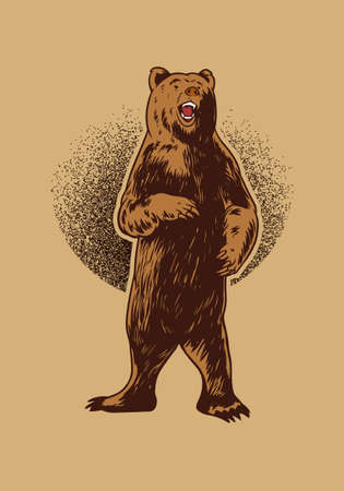 Hand drawn bear illustration for t-shirt, poster or logo. Grizzly Illustration isolated on beige backgroundのイラスト素材
