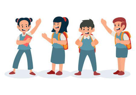 Set of boys and girls students going to school isolated on white backgroundのイラスト素材