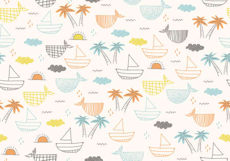 Seamless pattern with ships, fish, sun, clouds, sea and waves in the concept of children's drawings....