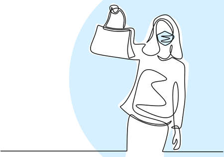 Continuous line drawing of happy women in protective mask on face with new bag. Beautiful teenager young girl shopping a bag in new normal condition. Character women shopper. Vector illustrationのイラスト素材