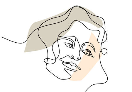 One line continuous smiling young woman model with curly hair. Female beauty figure logo isolated on white background. Love your self concept minimalist Style. Vector design illustrationのイラスト素材