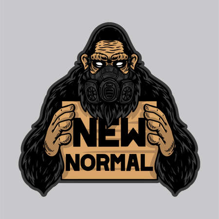 Cool gorilla or ape use mask hold new normal banner. Isolated on white background for t-shirt, shirt, poster and wallpaper.のイラスト素材