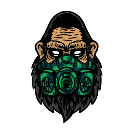 Serious of gorilla or ape head use green mask. Isolated on white background for t-shirt, shirt, poster and wallpaper.のイラスト素材