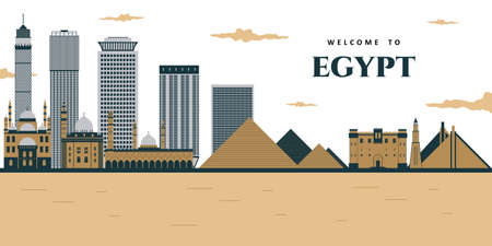 Futuristic view of the pyramids and the city. Landscape panoramic of egyptian pharaohs pyramids with mosque. Ancient historical, famous touristic attractions in african desert. Egypt illustrationのイラスト素材