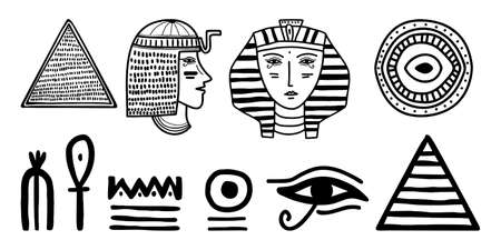 Tribal art Egyptian ethnic icon. Egypt sketch cartoon hand drawn black silhouettes isolated on a white background. Vector tribal ethnic. Can be used for cloth, flyers, bags, furniture, and tattooのイラスト素材