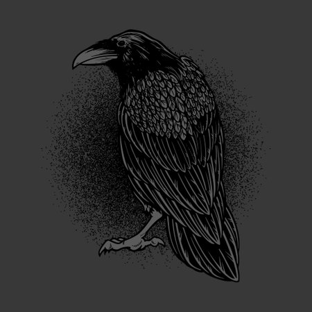 Dark evil raven for halloween theme tattoo and t-shirt design. Vintage crow symbol of gothic, halloween, fear. Hunter bird. Great for greeting cards, invitations, for printing on T-shirts and moreのイラスト素材