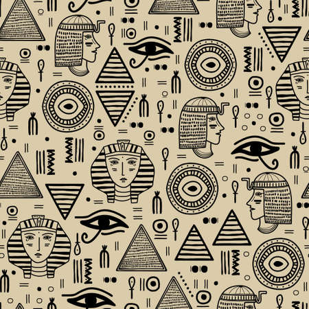 Seamless tribal pattern. Tribal ethnic pattern with egyptian ancient symbols isolated on pastel color background.のイラスト素材