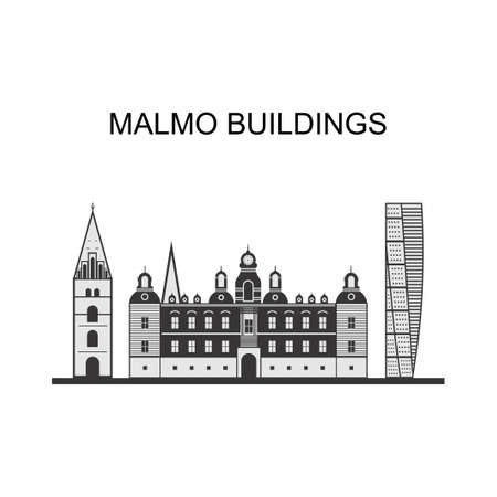 Beautiful panoramic view of the Malmo city in Sweden. Turning Torso is a neo-futurist residential skyscraper in Sweden and the tallest building in Scandinavia. Vector illustrationのイラスト素材