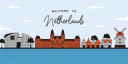 Landscape architecture panoramic of colorful landmark buildings Windmills House, Rijksmuseum, Van Gogh Museum, The Ijsselmeer. Famous destination for traveler in Netherlands, Europe.のイラスト素材