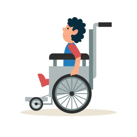 People with disabilities vector illustration. Young teenager boy in wheelchair and pushing the wheel by his self. Boy with incapabilities cartoon characters. Support and enjoying full lifeのイラスト素材