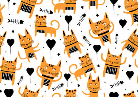 Vector seamless pattern with hand draw cats. Cute colorful kittens and fish on white background. Creative nursery background. Perfect for kids design, fabric, wrapping, wallpaper, textile, apparelのイラスト素材