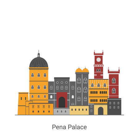 The Pena Palace (Palacio Nacional da Pena) in Sintra, Lisbon, Portugal. World famous landmark isolated on white background. Travel to Spain. Tourist destination. Vector flat illustrationのイラスト素材