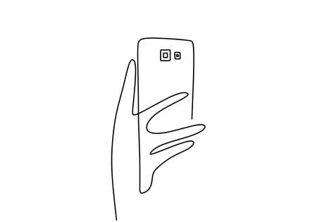 Continuous one line drawing of gesture hands and touch the screen of smartphone. Making online stories or streaming in social networks. Transaction on online. Gadget device conceptのイラスト素材