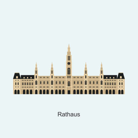 Austria, Vienna City flat travel skyline of Rathaus. The famous and largest city in Europe. Flat architecture of Austria landmark travel collection. Travel guide theme. Vector design illustrationのイラスト素材