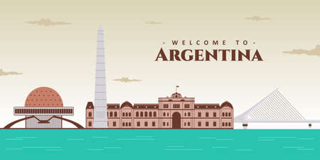 Aerial view of Buenos Aires city, Argentina and famous landmark. Beautiful panorama of El Obelisco, Puente de la Mujer, Planetario Galileo Galilei, Plaza de Mayo. Tourist travel destinationのイラスト素材