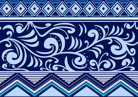 Ethnic textile decorative ornamental tribal seamless pattern on texture. Blue and white print good for your vintage design printing on fabric or paper. Tribal ethnic ornament. Vector illustrationのイラスト素材