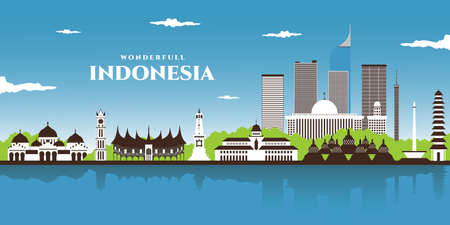 color Flat design, Illustration of Indonesia Icons and landmarksのイラスト素材