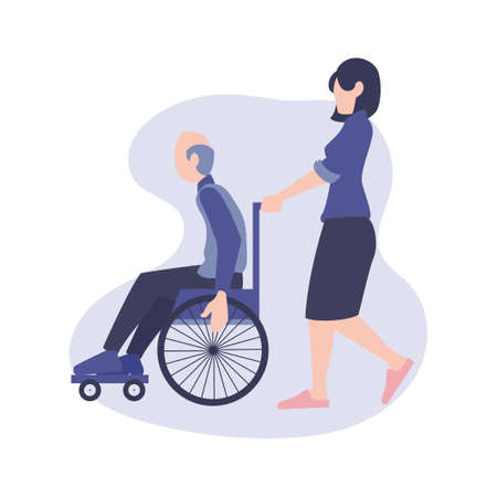 Flat element of disability man. Flat element of disability person. Girl helping man with wheel chair. Woman help disability man in flat style. Flat element of people isolated on white background.のイラスト素材