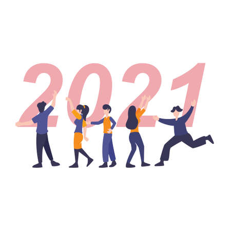 2021 flat element poster. Flat element of 2021 happy new year poster with group of people. Flat element of people isolated on white background.のイラスト素材