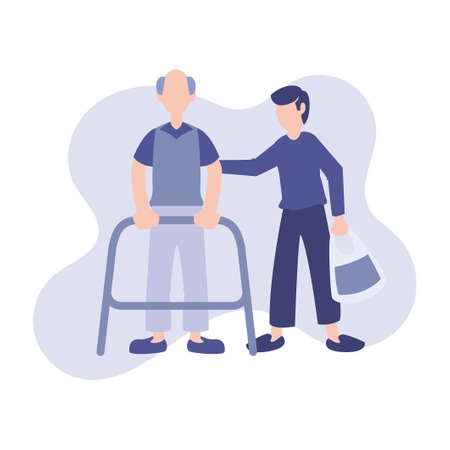 Flat element of disability man. Flat element of disability man. Man helping disability man in flat style. People help disability man in flat style. Flat element of people isolated on white background.のイラスト素材