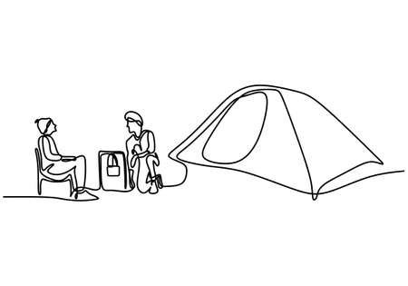 Man in camping tent continuous single line hand drawn. Two young male take a break in the mountains and sit enjoying the beautiful natural scenery isolated on white background minimalist designのイラスト素材