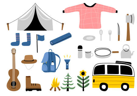 Set of cute cartoon camping equipment sweater, camp fire, tent, backpack, tree. Adventure outdoor activity background. Vector illustration. Seamless Pattern. Use for fabric, wallpaper, kids decor.のイラスト素材