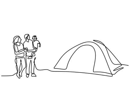 One line drawing of family camping. Happy father, mother, daughter, and son doing picnic with a tent in outdoor. Spend vacation time camping. Holiday in nature. Minimalism style. Vector illustrationのイラスト素材