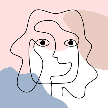 Abstract poster with minimal man face with happy expression one line drawing. Minimalism poster art with one line drawing abstract face.のイラスト素材