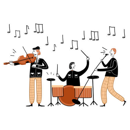 Jazz festival concert vector illustration. Cartoon flat musician characters band playing jazz music at live concert. Musician playing drum, violin. Having fun with music. Hobbies and professionのイラスト素材