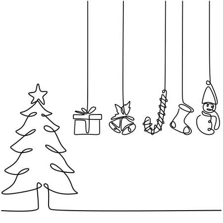One line christmas tree with hanging decoration gift box, star, bell, and sock. Christmas party in winter season. Merry christmas theme hand-drawn line art isolated on white backgroundのイラスト素材