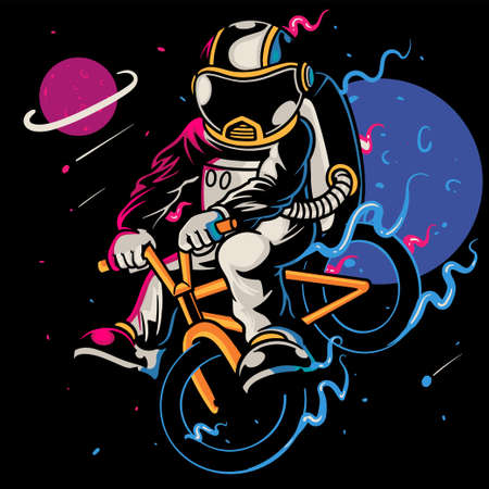 Sporty astronaut rides on bicycle at the moon. Spaceman astronaut with healthy lifestyle. Cartoon art for print design t-shirt apparel poster children. Hand drawn sketch vector illustrationのイラスト素材