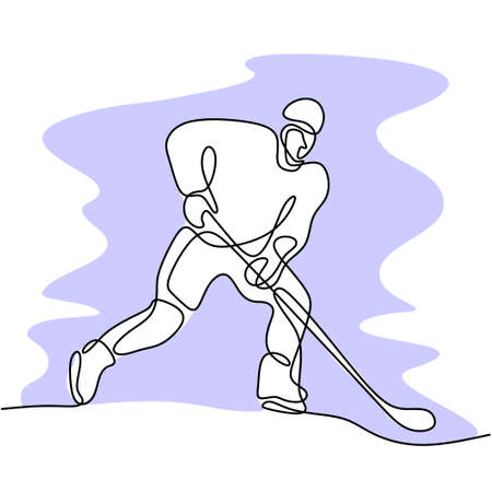 One continuous line drawing of professional ice hockey player hit the puck and attack on ice rink arena isolated on white background. Young sporty man in action to play a competitive gameのイラスト素材