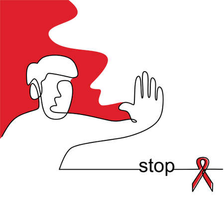 Stop Aids continuous one line drawing. A young man standing with hand gesture to show stop HIV Aids and red ribbon isolated on white background. World Aids Day. Concept of aids awarenessのイラスト素材