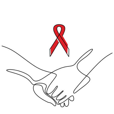 One line drawing of hand holding each other to prevent aids with red ribbon symbol. Prevention and protection HIV Aids. World AIDS Day 1 December concept. Vector illustration continuous line drawingのイラスト素材