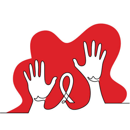 One line drawing of two hands with red ribbon symbol for aids. Prevention and protection HIV Aids...