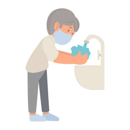 Flat cartoon design of young man washing hands with soap under running water to prevent virus and bacteria. COVID-19 prevention. Hygiene Concept. Vector illustration isolated on white backgroundのイラスト素材