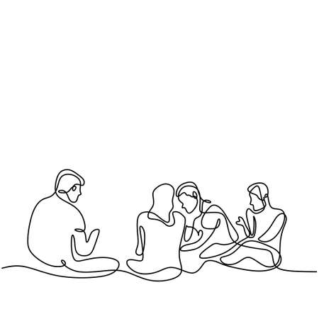 Group of happy young friends continuous one line drawing. Happy teenager male and female sitting while talking and laughing together. Friendship concept. Vector design illustrationのイラスト素材