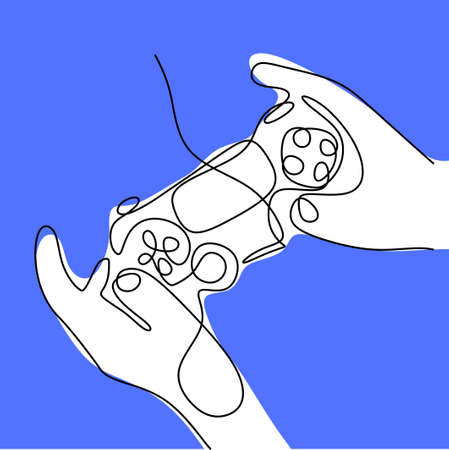 A hand holding game stick one line drawing vector illustration. A joystick to play the game...