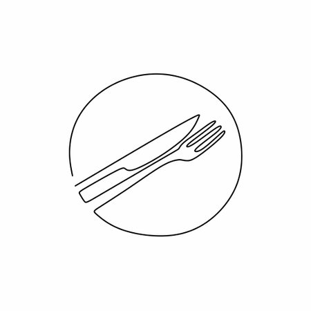 One continuous line plate, knife and fork. Decoration for cafe or kitchen, restaurant or menu linear style and hand drawn isolated on white background. Cutlery concept. Vector minimalist styleのイラスト素材