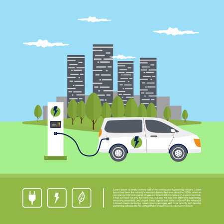 Modern electric smart suv car charging parking at the charger station with a plug in cable. Electrified future transportation e-motion. Vector flat illustrationのイラスト素材