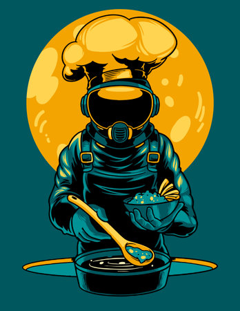 Astronaut is cooking cartoon vector icon illustration. A professional cosmonaut chef is preparing food on the space in the sun. Print for t-shirts and another, trendy apparel designのイラスト素材