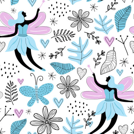 Seamless pattern with cartoon cute fairy, butterfly, flowers, leave and love isolated on white background. Fabric design for girls artworks, wallpapers, prints. Vector kids illustrationのイラスト素材