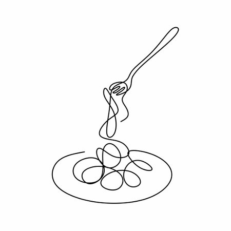 Single continuous line drawing of delicious spaghetti with fork. Italy pasta noodle restaurant concept hand draw line art design vector illustration for cafe, shop or food delivery serviceのイラスト素材