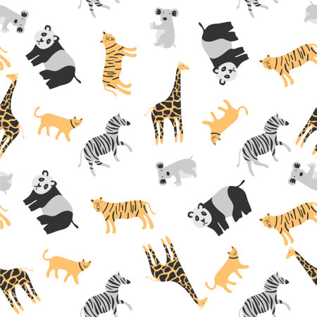 Vector seamless pattern coloring tropical funny animals with tiger, panda, cat and zebra hand drawn design on white background. Perfect for kids fabric, textile, nursery wallpaper. Cute dino designのイラスト素材