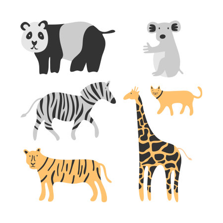 Set of cute animals. Adorable cat, tiger, panda, zebra, kangaroo and giraffe isolated on white background. Creative scandinavian kids texture for fabric, wrapping, textile, wallpaper, apparelのイラスト素材