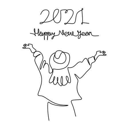 Continuous one line drawing of woman celebrate the 2021 New year. Happy young girl stand up and raise her hands to welcome the new year. New year, new hope. Year of the bull. Vector illustrationのイラスト素材