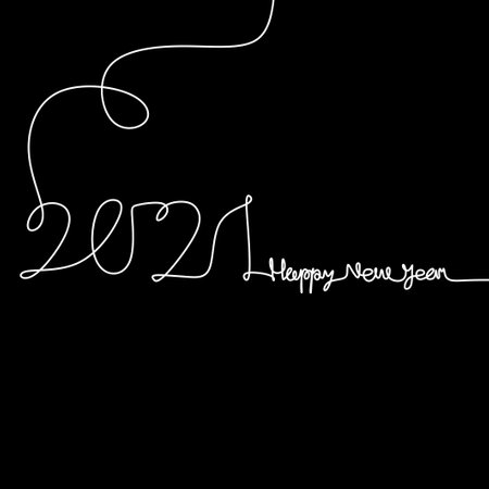 Continuous one line drawing of a 2021 with happy new year text handwritten lettering minimalist...