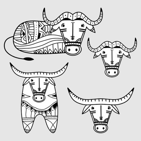 Set of elements a vintage tribal buffalo. Bull logo design isolated on white background. Chinese zodiac symbol of new 2021 year. Vector illustration of decorative Zodiac Sign of bullのイラスト素材
